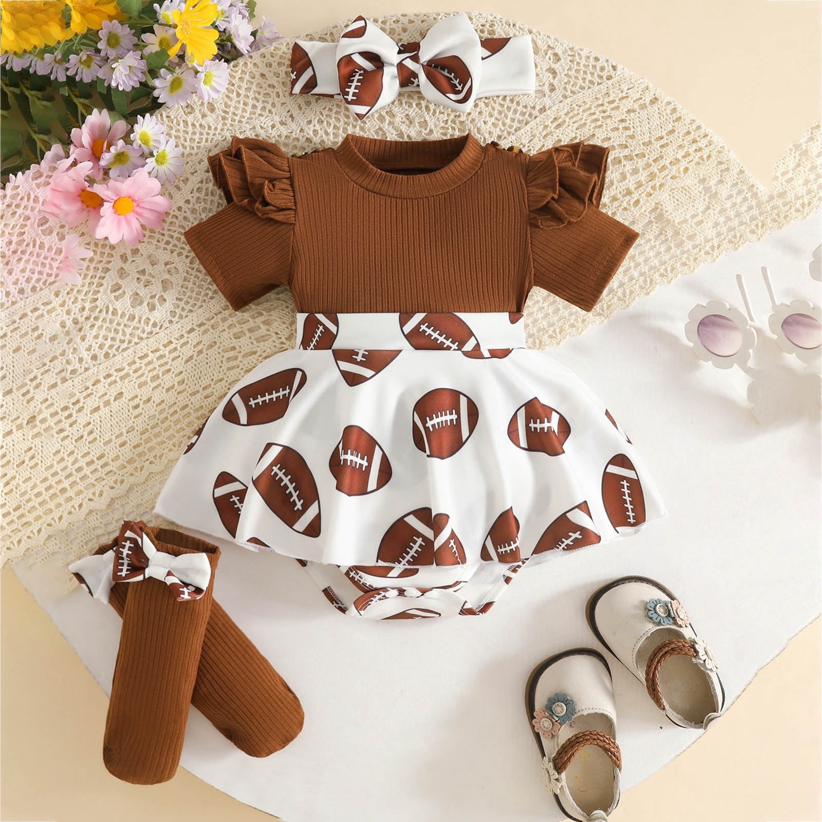 Faraee Baby Girl Summer Clothes Ruffle Romper Short Sleeve Bodysuit Bow Hairband Socks Newborn Infant Cute Outfits (3-6M,Coffee)