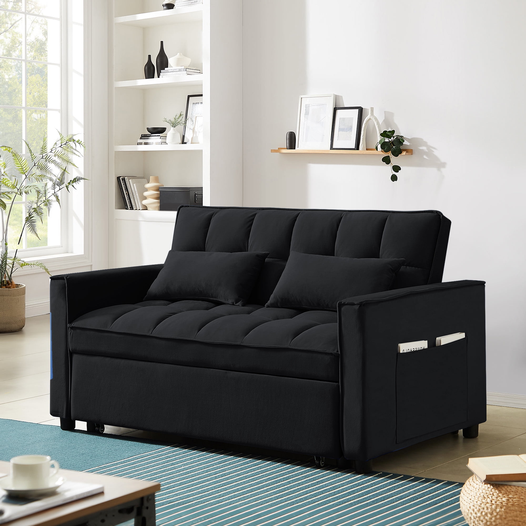 Dinosisco 3 in 1 Convertible Pull Out Sofa Bed, 55" Velvet Sleeper Loveseat, Black