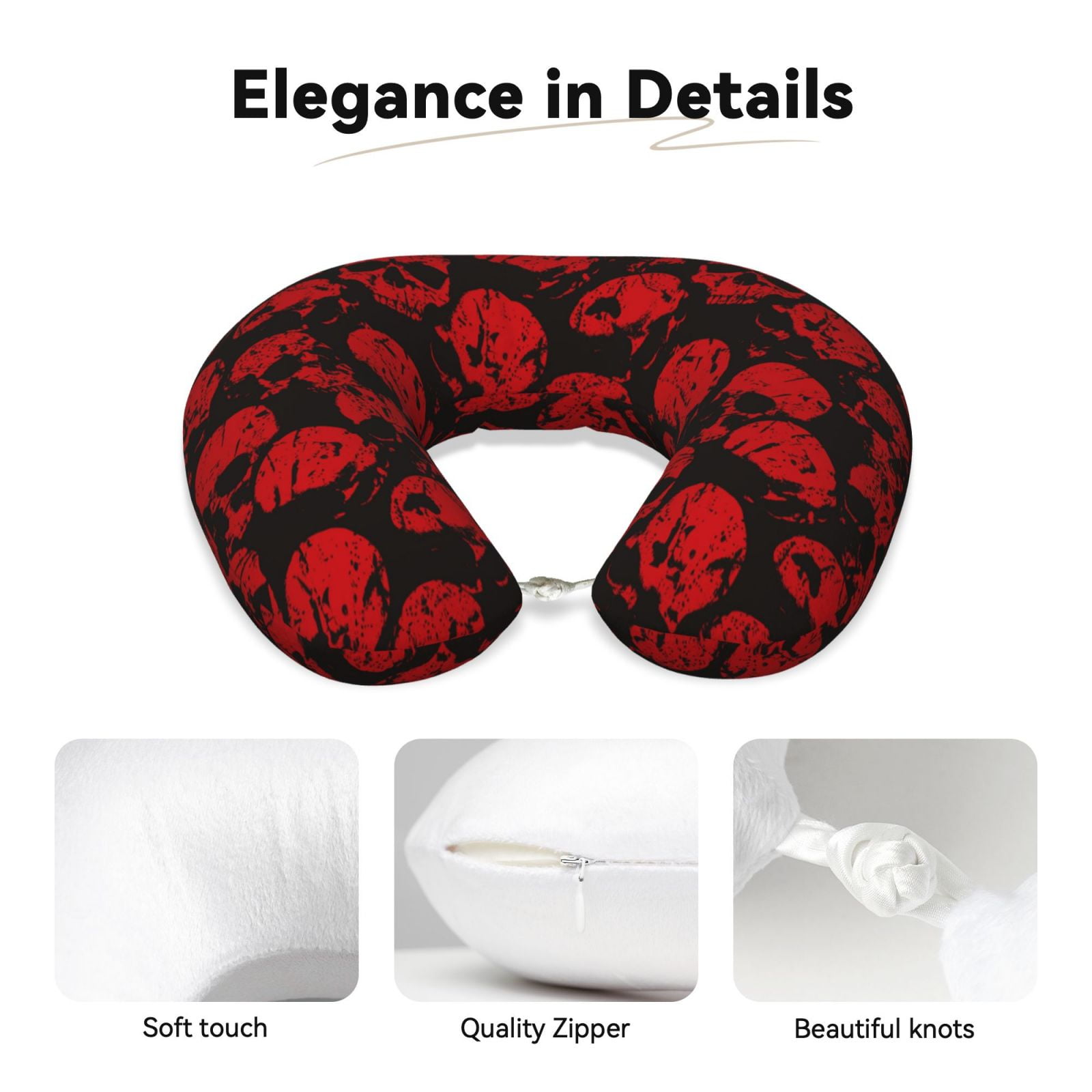 Xecao Red Skulls Print Memory Foam Cervical Neck Pillow Versatile U-Shaped Pillows for Home,Office,Camping,Travelling,Soft Washable Cover