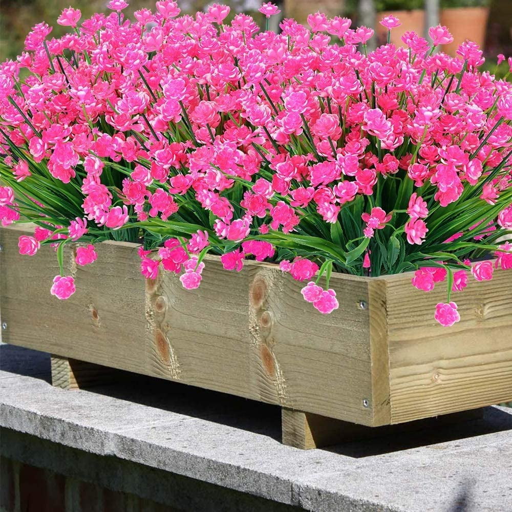 Sinhoon 16 Bundles Fake Artificial Flowers Outdoor for Decoration UV Resistant No Fade Faux Plastic Plants Garden Porch Window Box Décor Kitchen Office Table Vase(Pink)