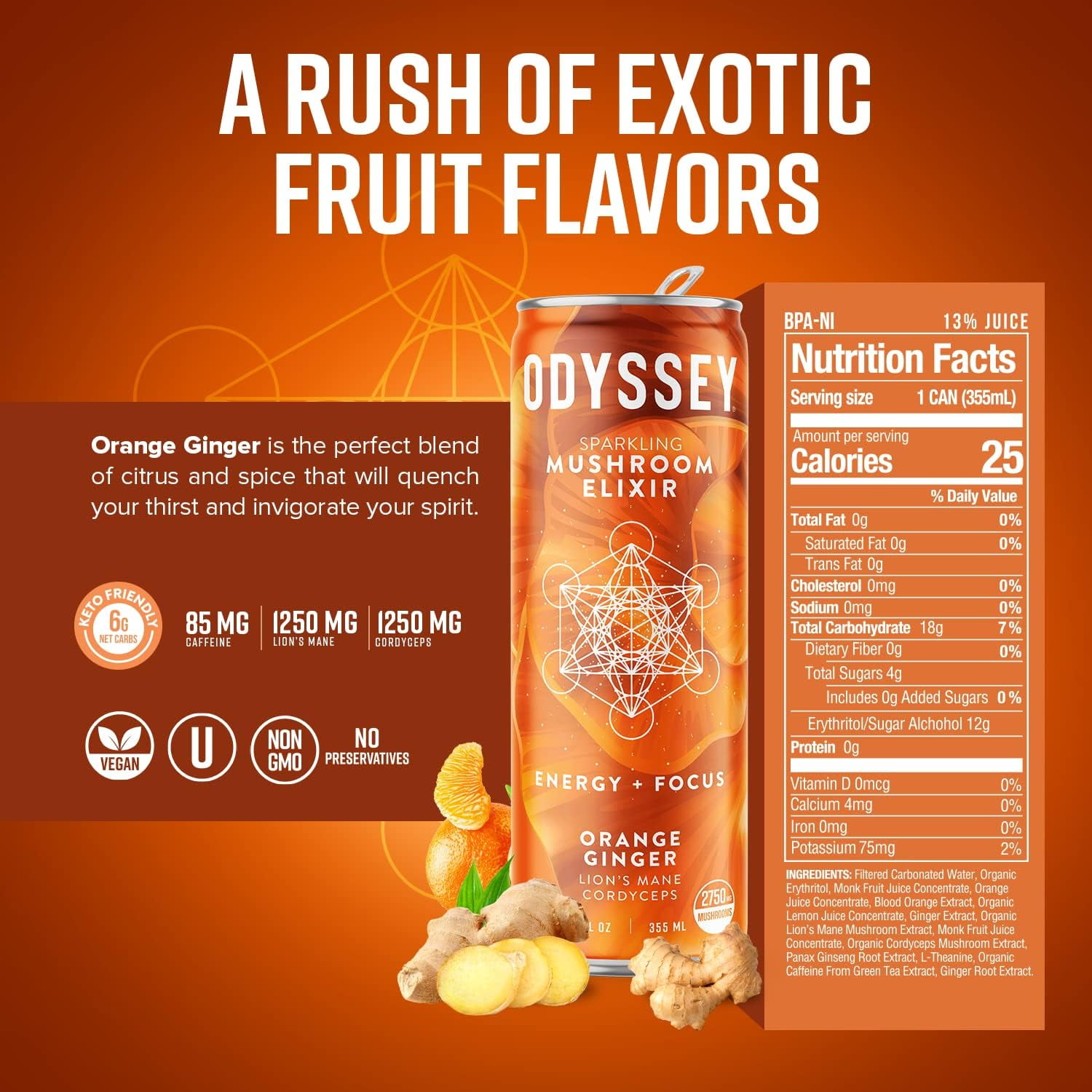 (Pack of 12), Odyssey Elixir Sparkling Energy Drink - Orange Ginger, 12 fl oz