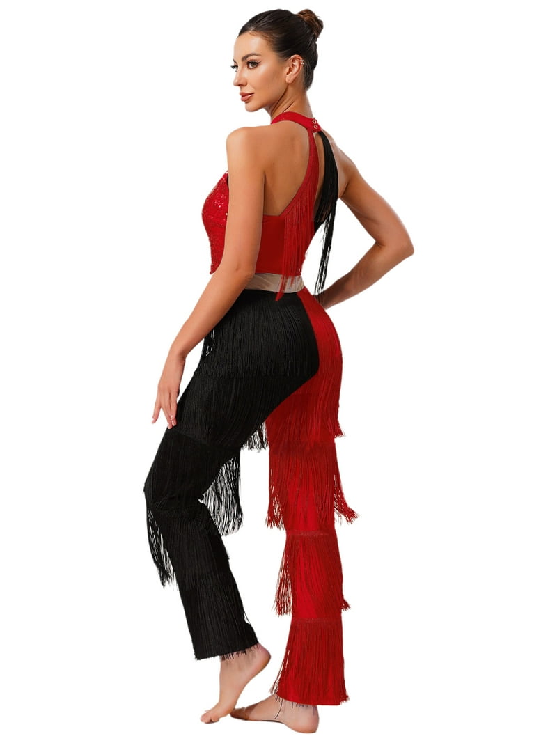 Xnihocha Womens 70s 80s Disco Dance Jumpsuit Sequin Fringe Rompers Fancy  Dress Jazz Latin Dancewear Red XL