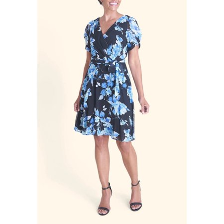 Connected Apparel V-Neck Short Sleeve Tie Waist Floral Print Chiffon Dress-BLUE / 4 Connected Apparel V-Neck Short Sleeve Tie Waist Floral Print Chiffon Dress-BLUE / 4