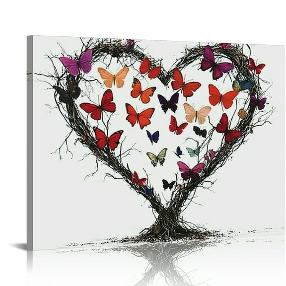 Autua Heart-Shaped Tree Butterflies Canvas Wall Art Decoration 20x16in