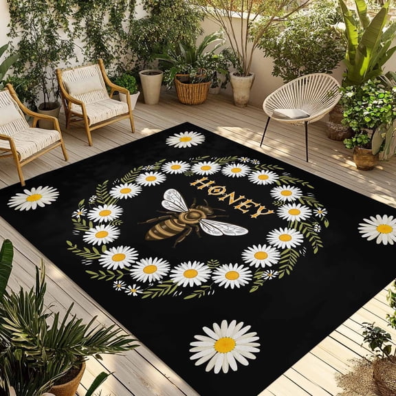Black Daisy Bees Outdoor Rug for Patio/Deck/Porch, Non-Slip Large Area Rug 6 x 9 Ft, Spring Farmhouse Honey Floral Rings Indoor Outdoor Rugs Washable Area Rugs, Reversible Camping Rug Carpet Runner