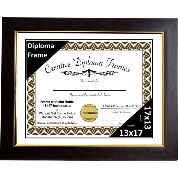 Creative Picture Frames 13x17 Mahogany Diploma Frame with Gold Rim Including White Mat Glass and Installed Wall Hangers | Frame Holds 16x20 Media without Mat
