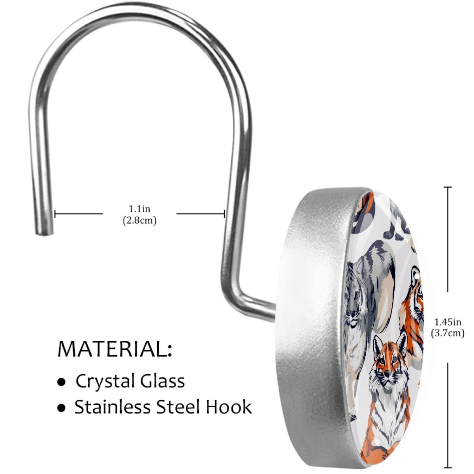 Tiger Bobcat Shower Curtain Hooks Round Crystal Glass, Set of 12 Shower Curtain Rings - Shower Hooks for Curtain Shower Rings