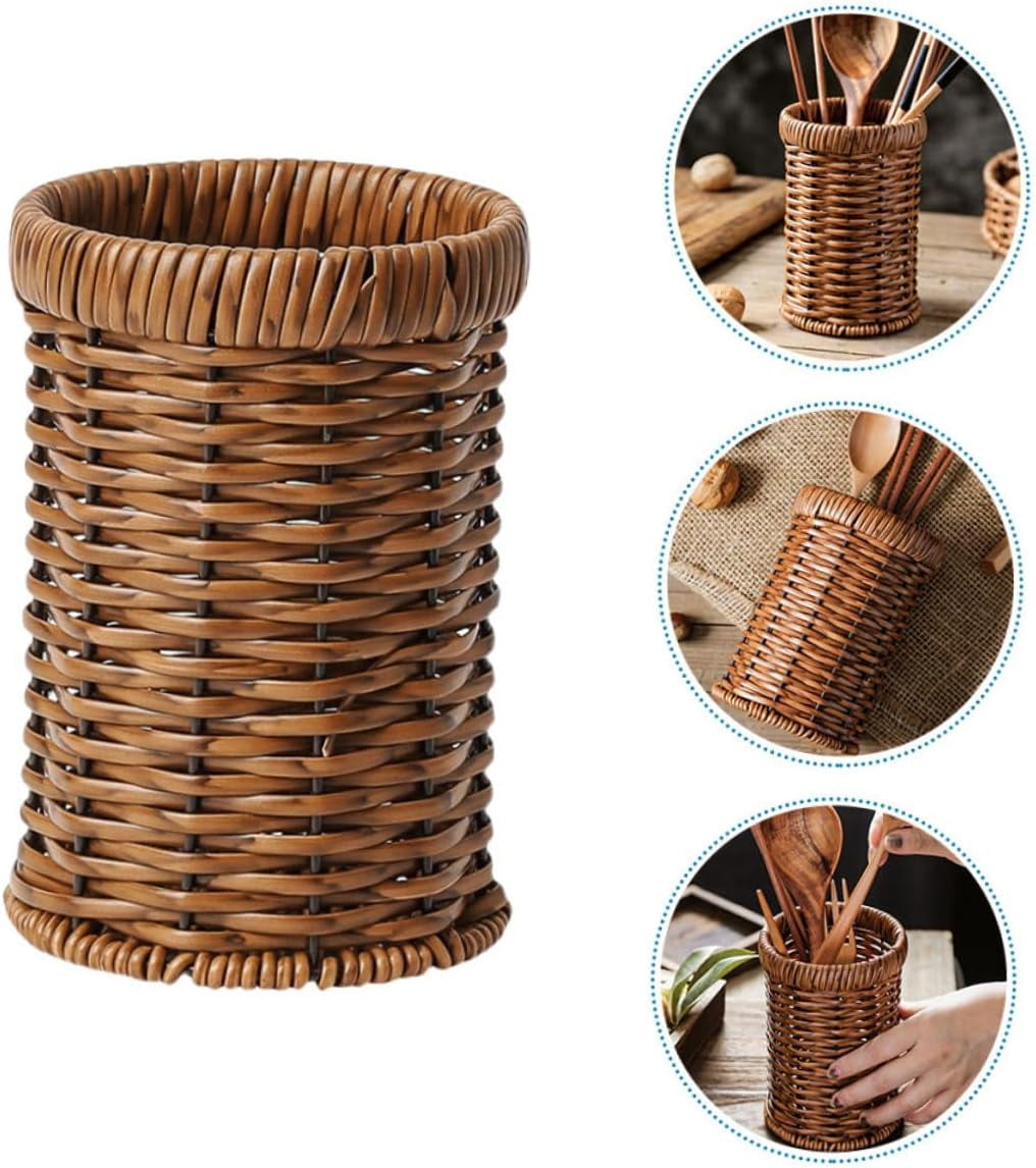 ABCISI Woven Utensil Holder, Countertop Cutlery Organizer Basket for Kitchen, Dining Table, or Workspace Storage, Silverware Drying Basket, Lightweight and Portable, 6.14 X 4.09 X 4.09 Inches, Brown