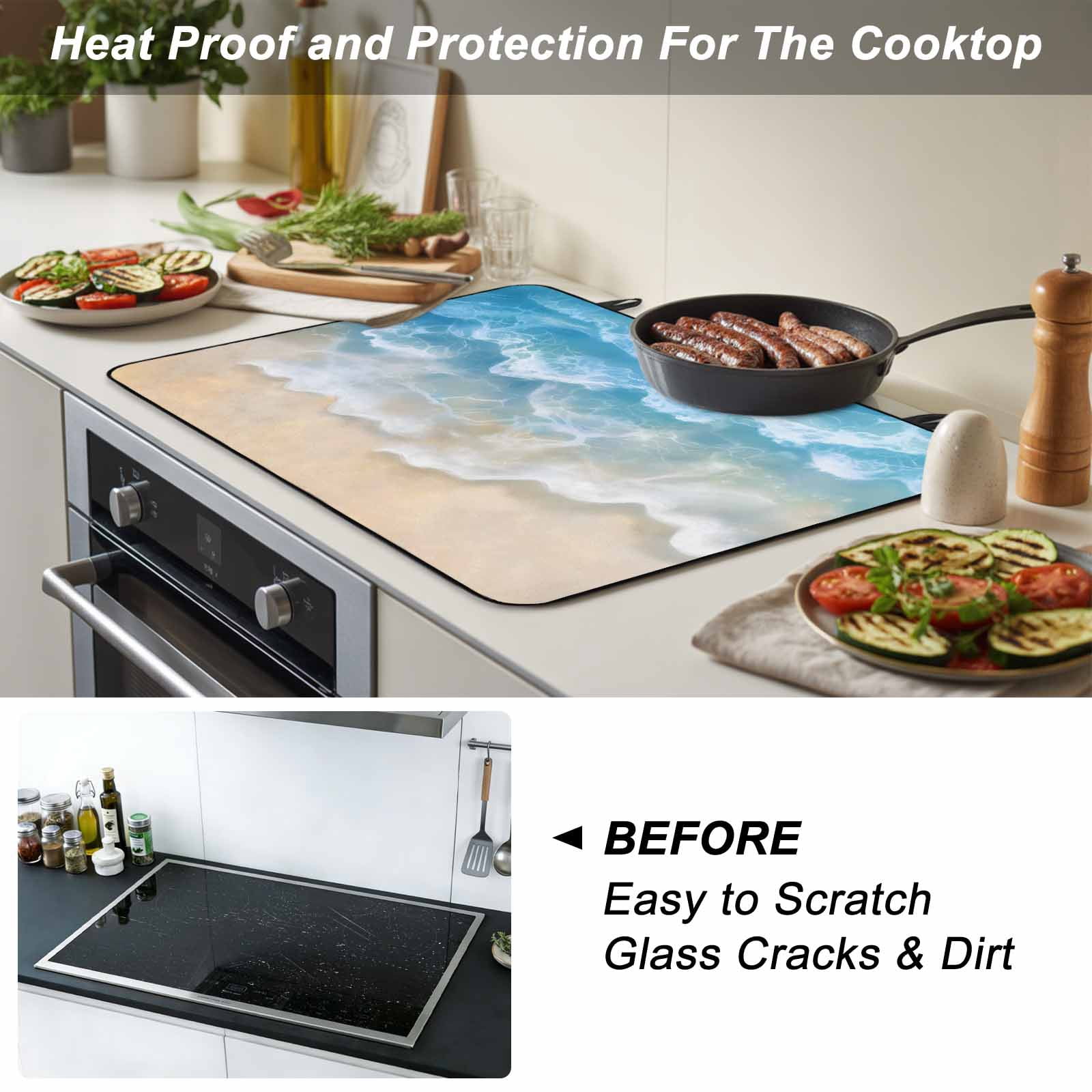 Blue Ocean Stove Top Cover for Electric Stove, Heat-proof & Non Slip Glass Top Stove Cover Protector, Nature Summer Beach Brown Sand Water Ripple Kitchen Flat Cooktop Rubber Mat 24x21 Inches