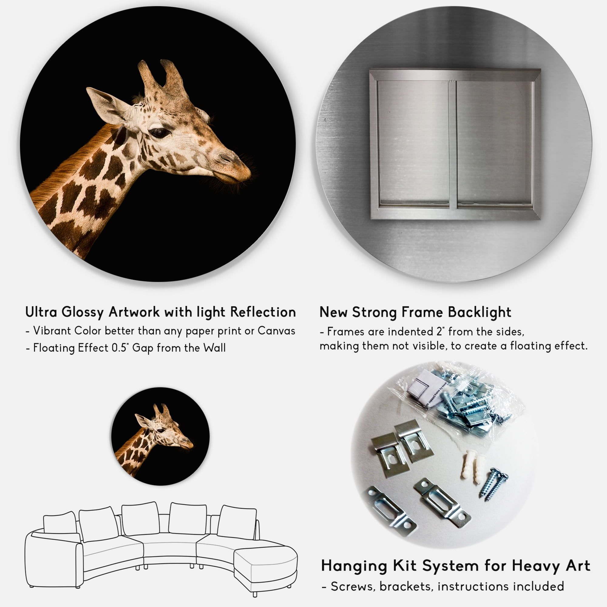 Designart 'Close Up Portrait Of A Giraffe On Black IV' Farmhouse Circle Metal Wall Art 29x29 - Disc of 29