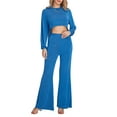 thumbnail image 2 of Women Fall Pants Outfits Solid Color Crew Neck Long Sleeve Loose T-Shirts Tops Wide-Leg Pants 2 Pieces Clothes Set, 2 of 10