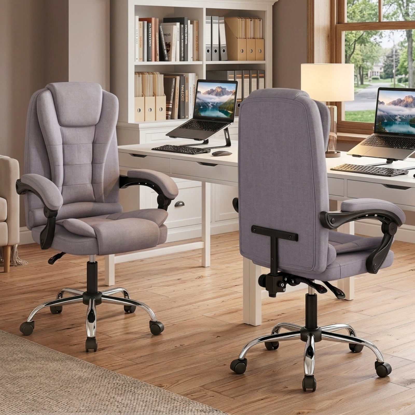 Furnibear High Back Executive Office Chair with Linkage Armrests Adjustable Recline Linen Fabric Seat and Swivel Five Point Base for Home Office, Gray