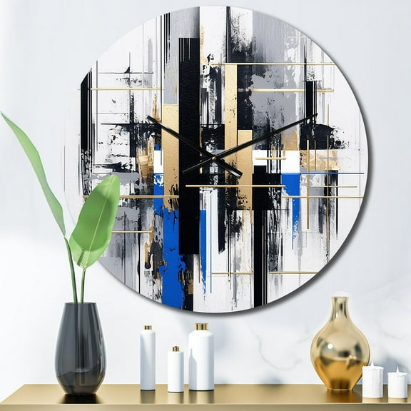 Designart "Bold Stripes in Blue and Gold II" Cubism Oversized Wall Clock