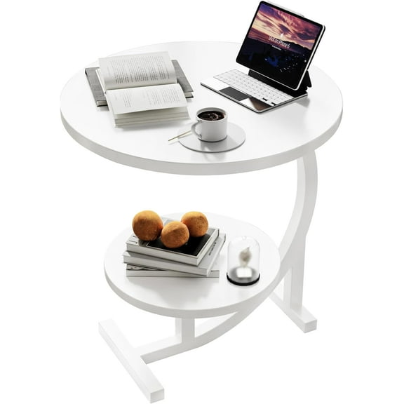 C-Shaped End Table,2 Tiers Round Side Table,Sofa Small Side Table for Living Room, Bedroom,Bedside Small Space,White