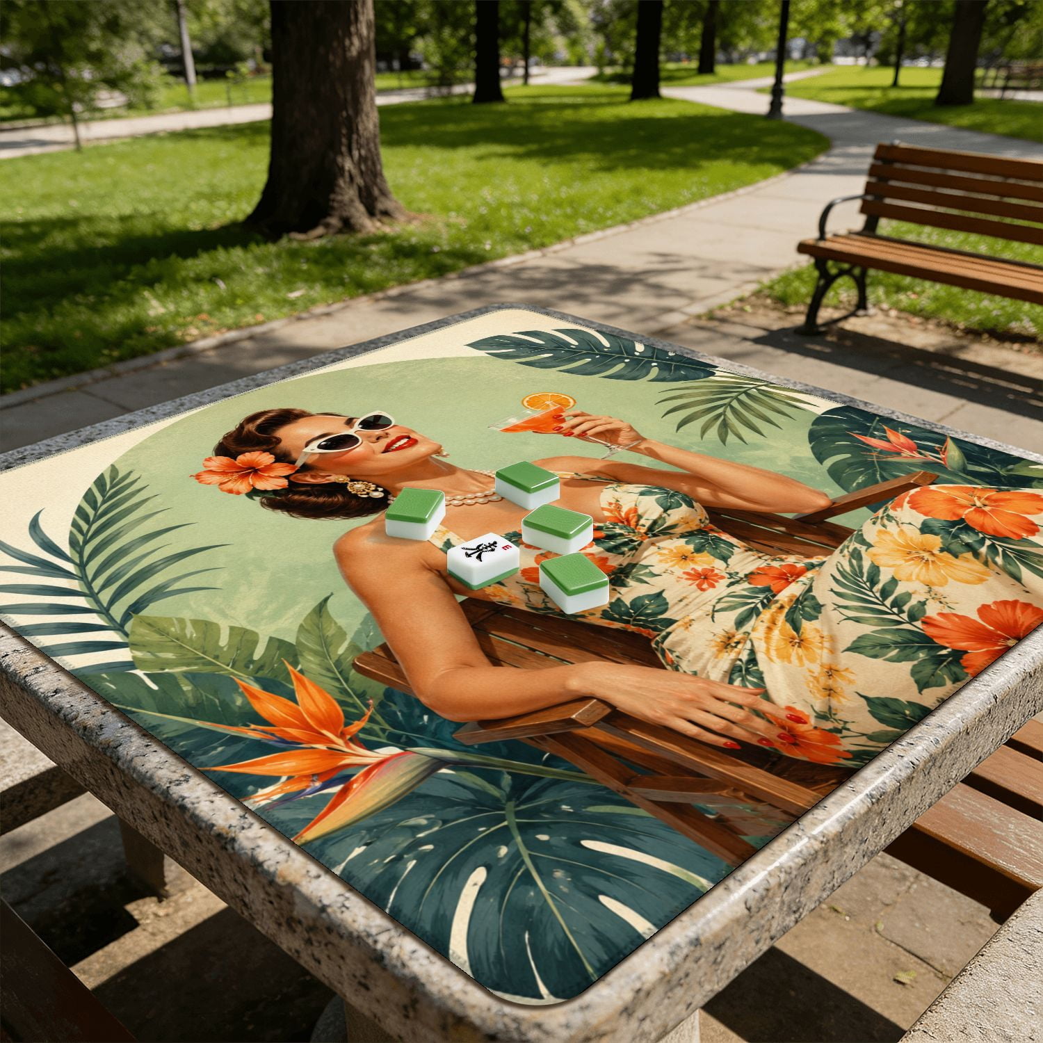 Mahjong Mat 31.5" x 31.5" Vintage Tropical Woman Cocktail Floral Dress Non-Slip Noise Reduction American Mahjong Tiles Table Cover for Dominoes Poker Card Board Games Gift
