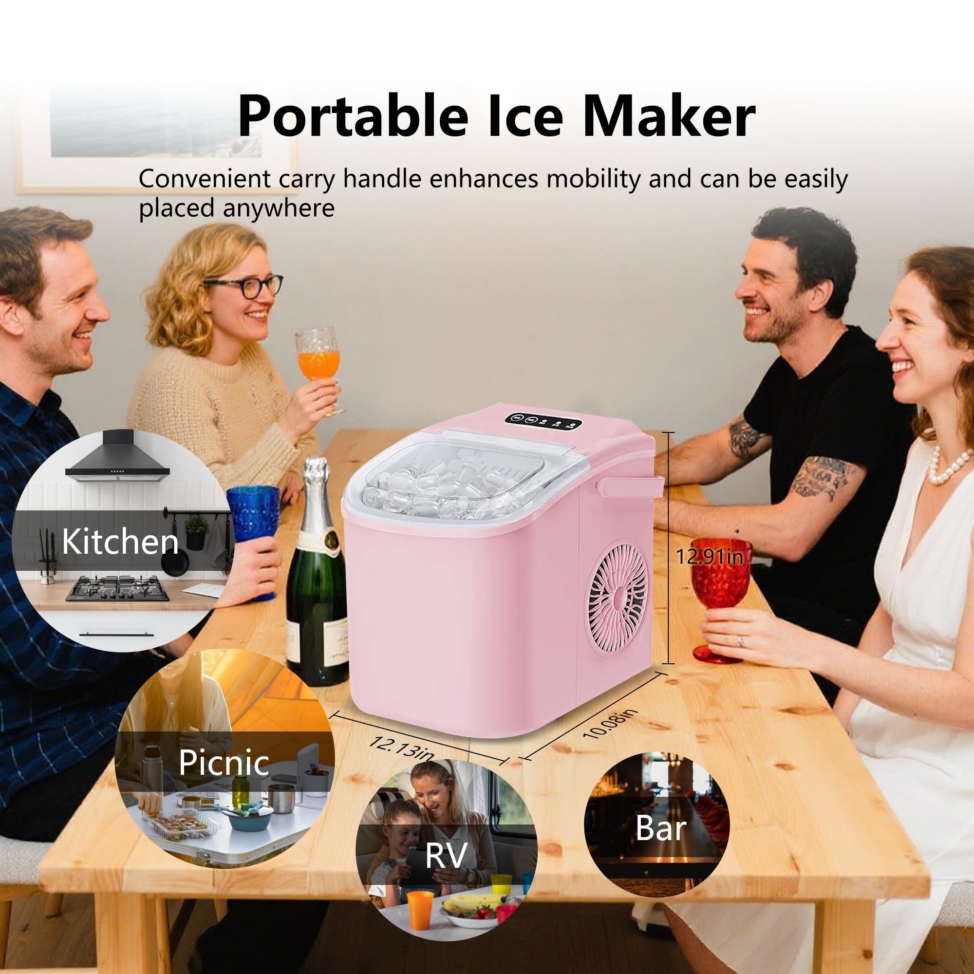 HUMSURE Countertop Ice Maker Machine with Handle, 26lbs  Per Day, 9 Ice Cubes Ready in 7 Mins, Self-Cleaning Portable Ice Maker with Basket and Scoop, for Home/Party/Kitchen/Camping/RV(Pink)