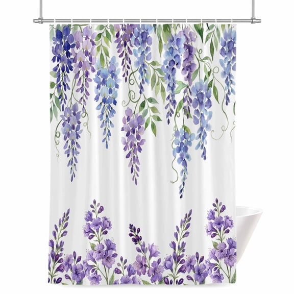 Wisteria Shower Curtain, 36" x 72", Spring Watercolor Light Purple Floral Leaf Waterproof Bathroom Curtain Washable Shower Curtain Set with 12 Hooks