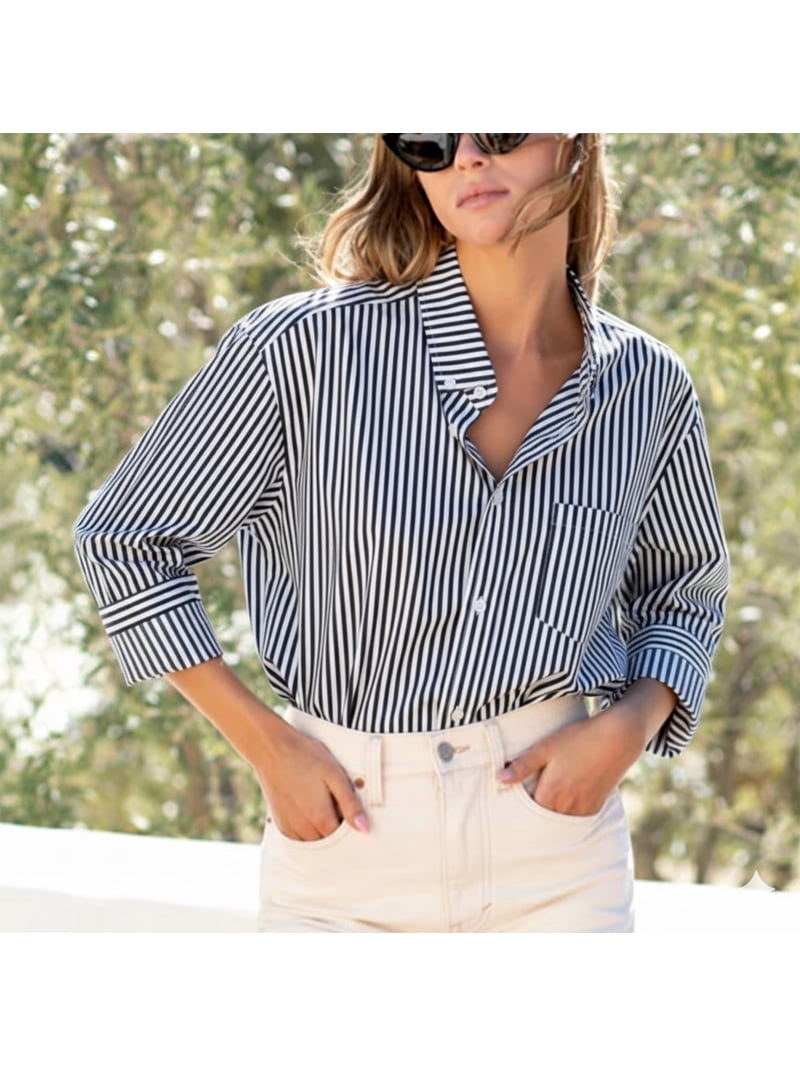 Somer Striped Button Down Shirts for Women Dress Shirts Long Sleeve Shirts Casual Collared Office Work Shirt with Pocket, Women's, Size: Medium, Blue