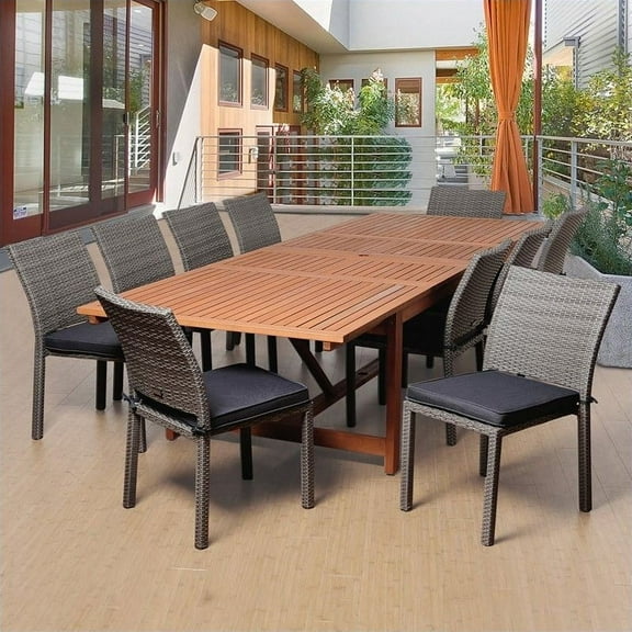 Amazonia Angelo 11-Piece Rectangular Extendable Dining Set | High Quality Eucalyptus and Wicker | Ideal for Outdoors and Poolsides, Seating Capacity: 10