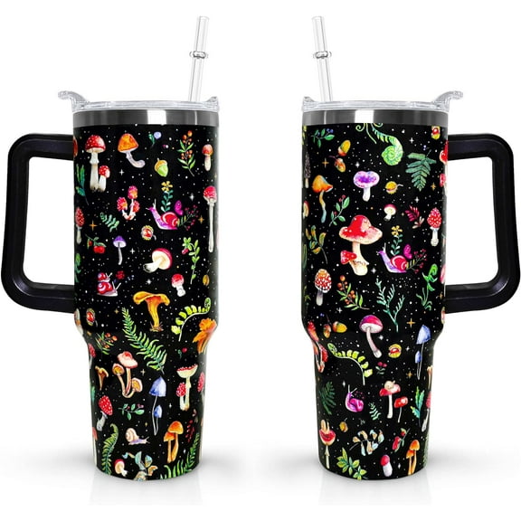 40 oz Mushroom Tumbler with Handle and Straw Lid Mushroom Themed Gifts for Women Mushroom Lovers Double Insulated Cup Travel Coffee Mug