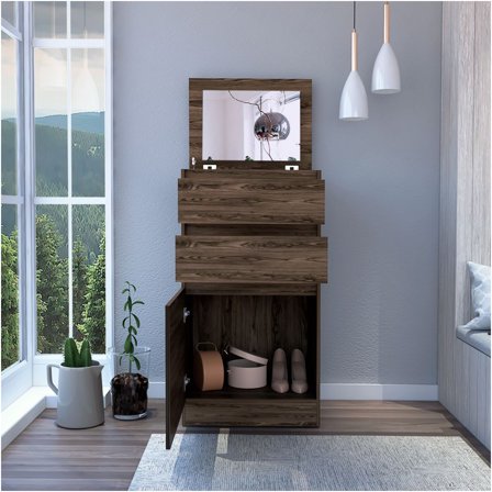 JERFIT 5-Drawer Jewelry Dresser with Mirror and Cabinet Door, Dark Walnut Finish, Bedroom Storage Organizer Chest