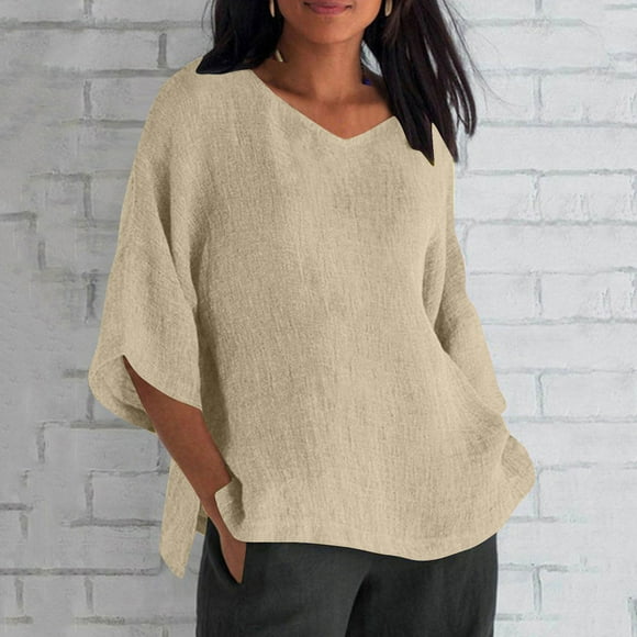 Sijiajgjfu 3/4 Length Sleeve Tops for Women Plus Size Casual Solid Color V Neck Loose Summer T Shirts Trendy Side Split Pullover Top