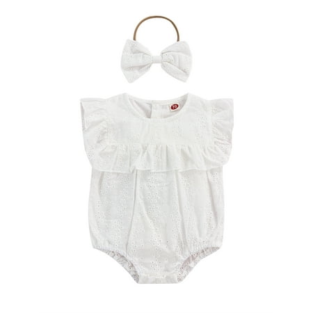

Frobukio 2Pcs Infant Baby Girls Clothes Suit Ruffle Trim Sleeveless Round Neck Hollow Out Romper + Bowknot Headband White 3-6 Months