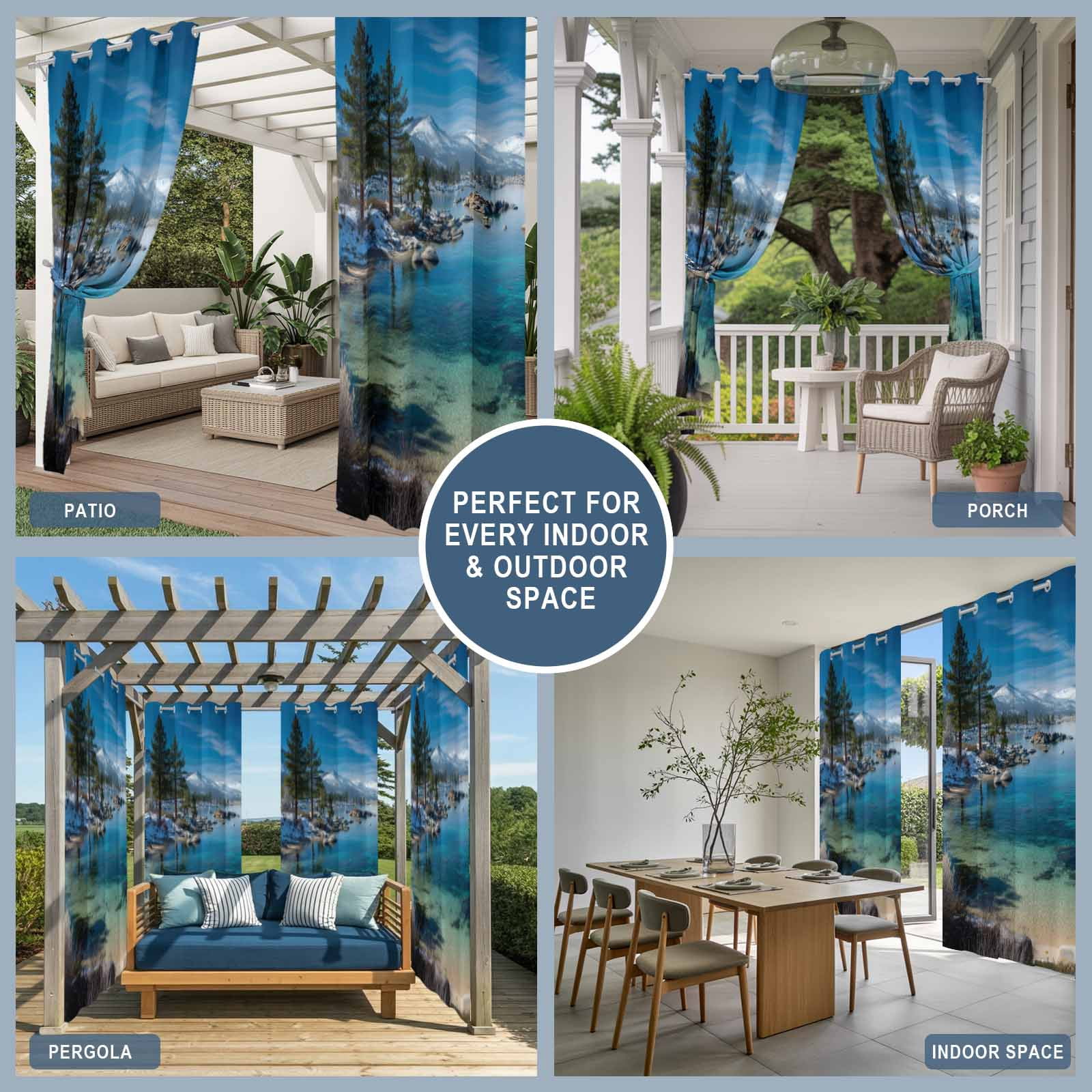 2 Panels Outdoor Curtains for Patio Waterproof 54"x108" Nature Forest Weatherproof Privacy Outsides Curtains, Blue Sky Mountain Stone Lake Landscape Grommet Thermal Drapes for Cabana Porch Pergola