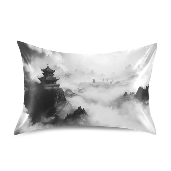 Dailycode Satin Pillow Case Standard Silk Pillow Cover for Hair and Skin Envelope Closure Traditional Chinese Ink Landscape 20"x26"