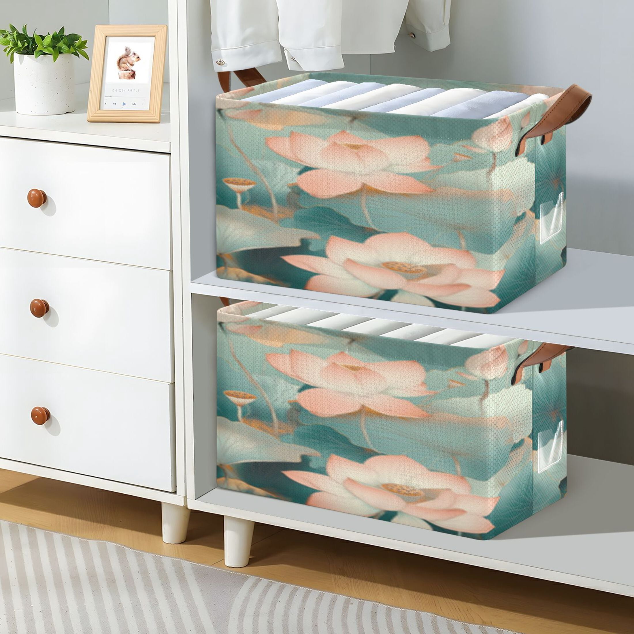Rectangle Storage Basket with Handles Green Lotus Picture Collapsible Storage Bin Large Storage Bins Decorative for Clothes Toys Bedroom