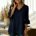 thumbnail image 5 of Womens Tops Ruffle 3/4 Sleeve Dressy Casual Shirts Solid Color V-Neck Tunic Summer Vacation Blouse Navy, 5 of 6