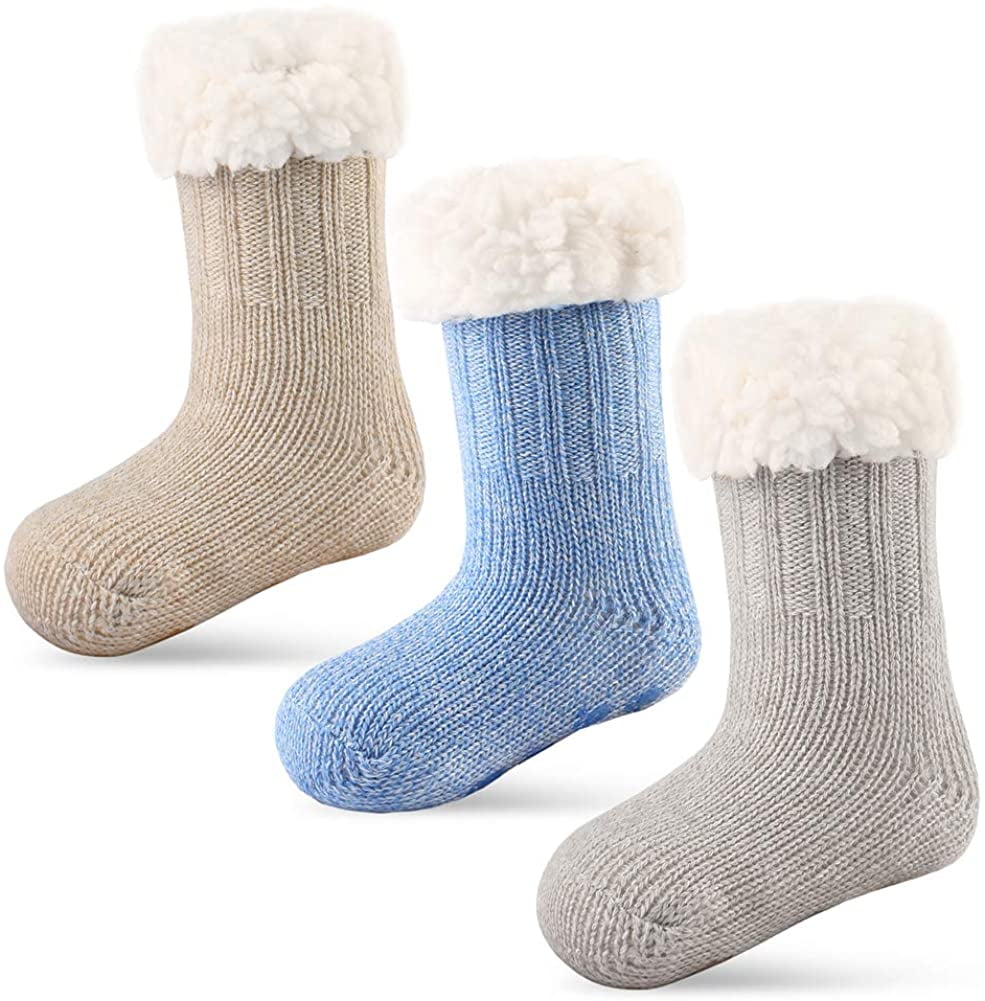 3 Pairs Girls Boys Slipper Socks Kids Winter Christmas Socks, Sherpalined Fuzzy Grips Socks for