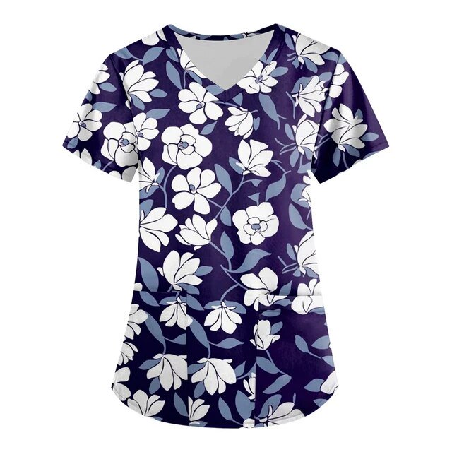 LS Womens Nurse Uniform Short Sleeve V Neck Flowers Print Working Blouse Pockets Scrubs Work Medical Nursing Uniform