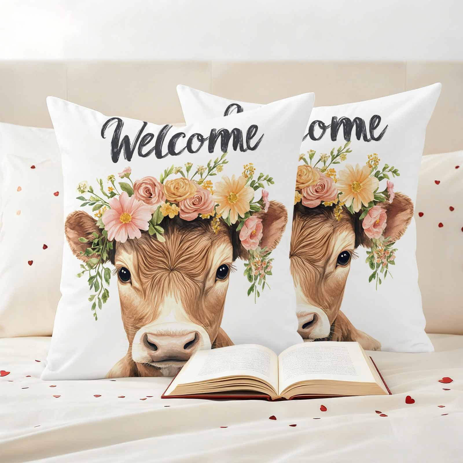 Cute Cow Pillow Covers 2 Pack Welcome Pillowcase Waterproof Outdoor Throw Pillow Cover for Patio Garden Square Cushion 20”x20”