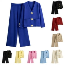 QATAINLAV Women's 2 Piece Outfits Sweater Set Button V Neck Knit Cardigan Sweaters and High Waisted Wide Leg Pants Lounge Sets, Khaki, Free Size, Mothers Birthday Gifts