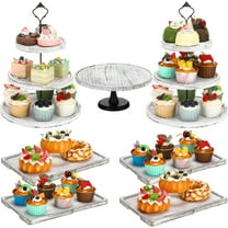7 Pcs Wood Cake Stand Set, 3 Tier Wood Cupcake Stand Round Wood Cake Stand Rectangular Wood Serving Tray Platter for Display Tea Party Wedding Farmhouse (White Color)