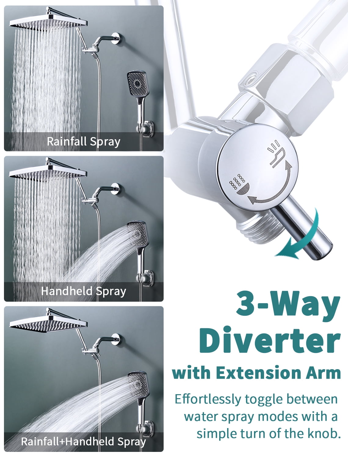 G-Promise 13 Inches Rain Shower Head with 4-Mode Wand Combo, 13 Inches Adjustable Extension Arm, 3-Way Diverter Valve and Extra Long Flexible Hose