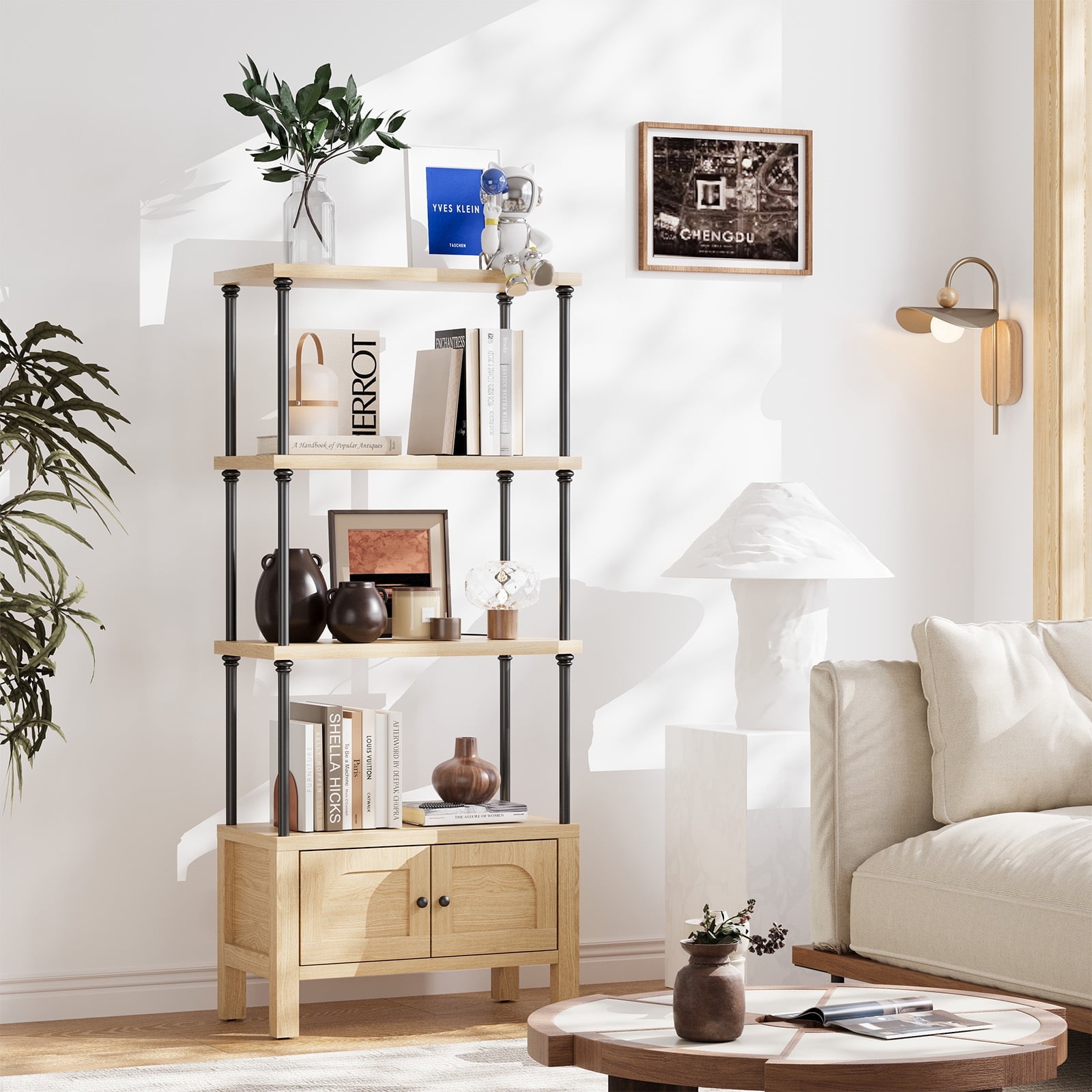 Furnibear Bookshelf with 2 Doors 55 Inches Tall 4 Tier Storage Shelf with Cabinet,Modern Open Bookcase for Living Room or Home Office,Brown