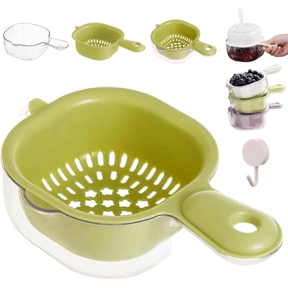 Kitchen Dual-Layer Draining Basket with Handle, 2-in-1 Kitchen Strainer Colander for Washing Fruits Vegetables Pasta, Plastic Drain Storage Container with Ergonomic Grip