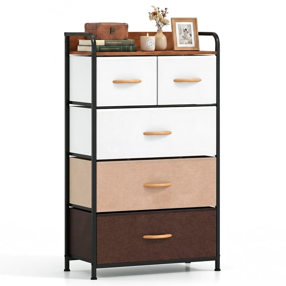 Gymax 5-Drawer Fabric Dresser w/ Removable Fabric Bins Wooded Top & Metal Frame