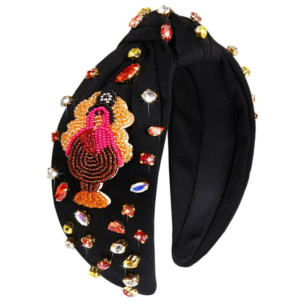 Diadema de Acción de Gracias para mujer, otoño, diadema naranja con diamantes de imitación, diadema anudada con cuentas de pavo, diadema ancha con nudo superior, accesorios de otoño de Acción de Graci