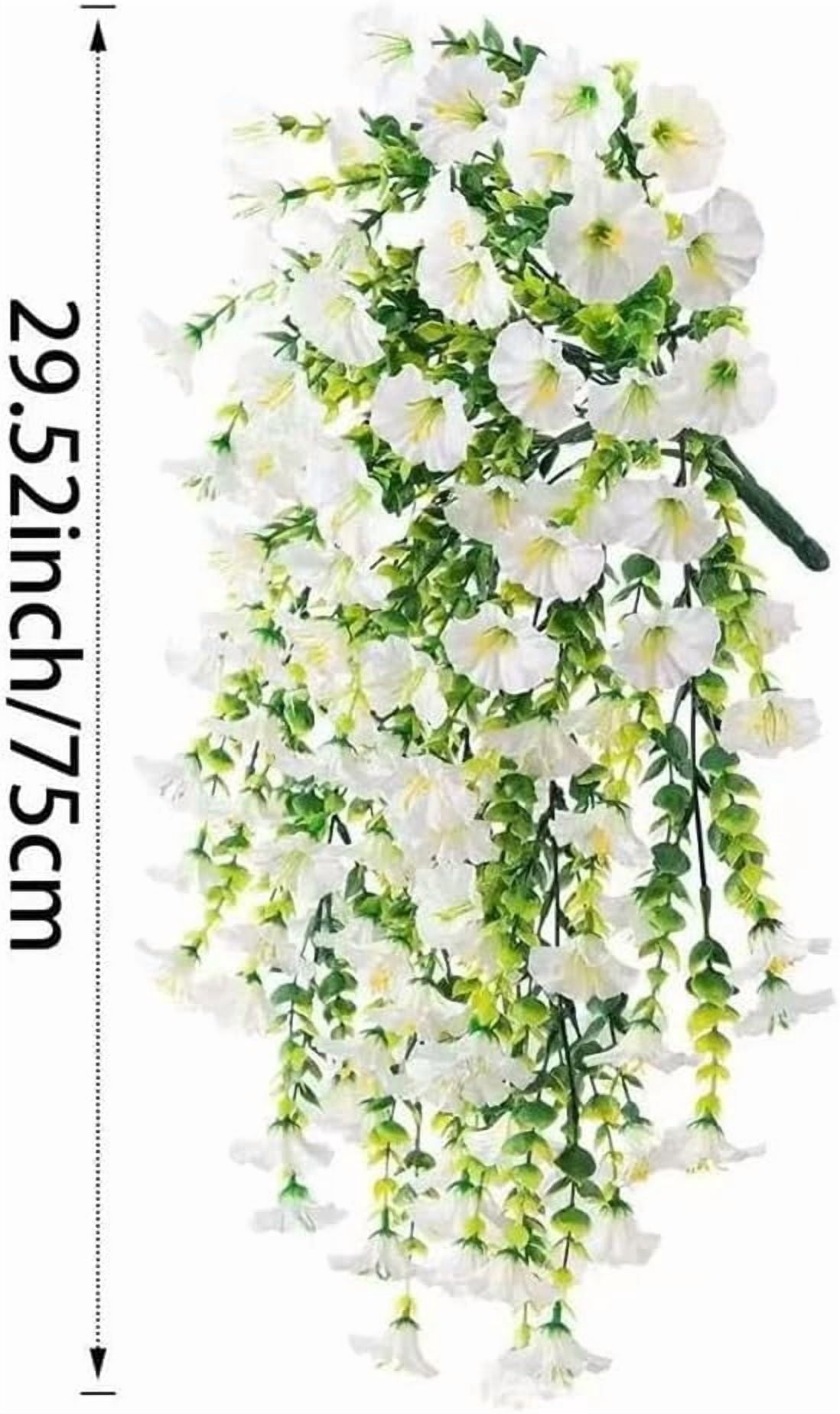 Artificial Hanging Flowers for Outdoors, 2 Pcs Faux Silk Morning Glory with Eucalyptus Leaves, UV Resistant Hanging Vine for Spring Garden Porches Decor
