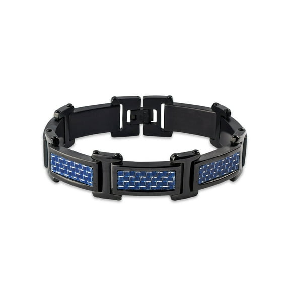 Crucible Jewelry Men's Blue Carbon Fiber Black Plated Steel Link Bracelet