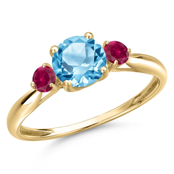 Gem Stone King 10K Yellow Gold Swiss Blue Topaz and Red Created Ruby 3-Stone Ring for Women | 1.28 Cttw | Round 6MM | Gemstone November Birthstone | Size 7