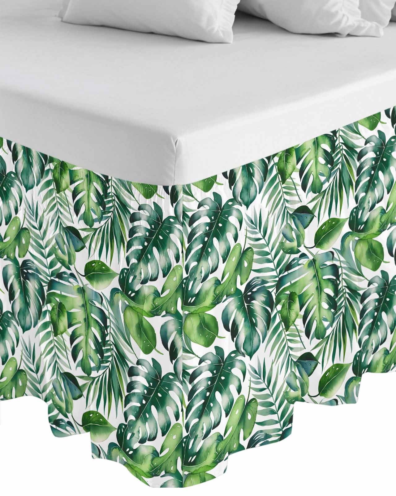 Tropical Bed Skirt Queen Size, Green Palm Leaf Summer Plant Wrap Around Bed Skirting with Adjustable Elastic Strap, Dust Ruffle Pleated Bedskirts 18 Inch Drop for Bedroom Queen Beds