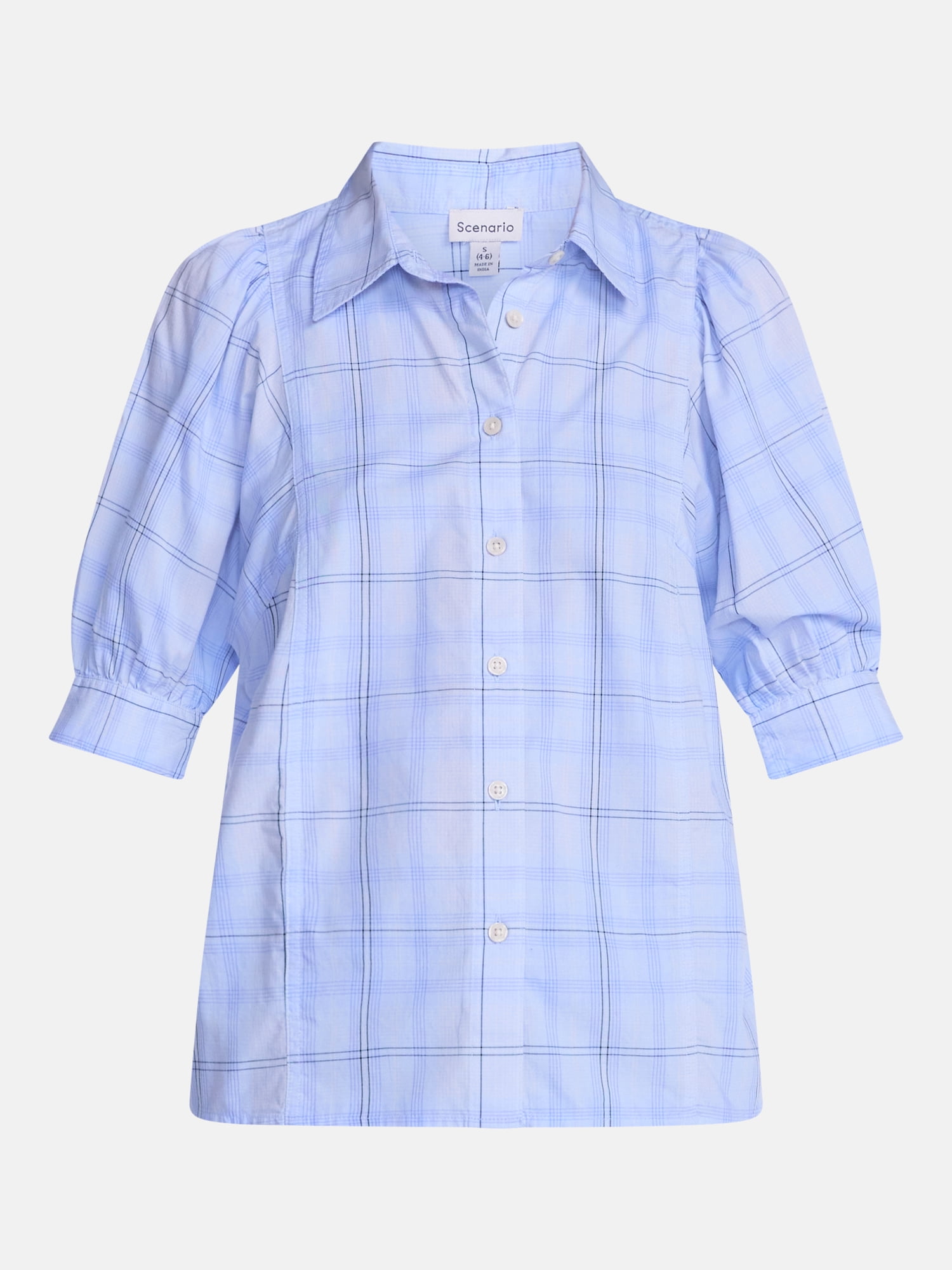 Scenario Women's Button Front Shirt with Puff Sleeves, Sizes XS-XXXL