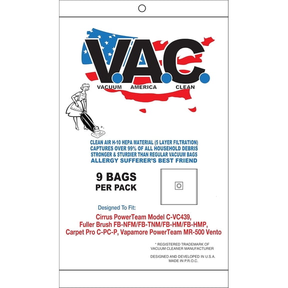VAC 35 Cirrus Power Team Model C-VC439, Fuller Brush FB-NFM/FB-TNM/FB-HM/FB-HMP, Carpet Pro C-PC-P, Vapamore Power Team MR-500 Vento - H-10 HEPA Filtration (Pack of 9)