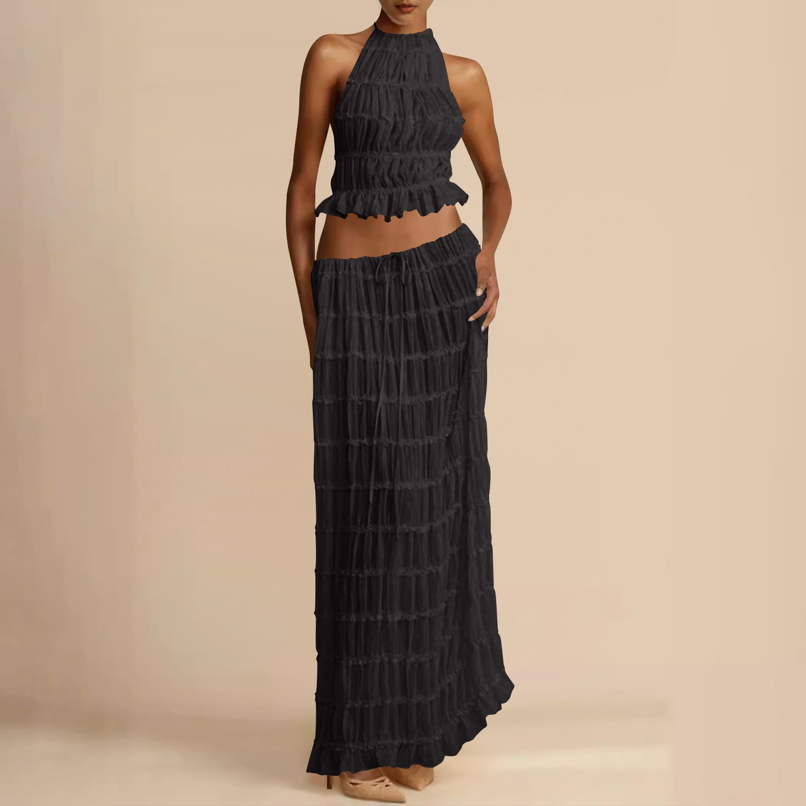 Womens Y2k Skirt Set Backless Lace Halter Crop Top and Long Skirt Sets Beach Cocktail Club Dress Fashion Outfit