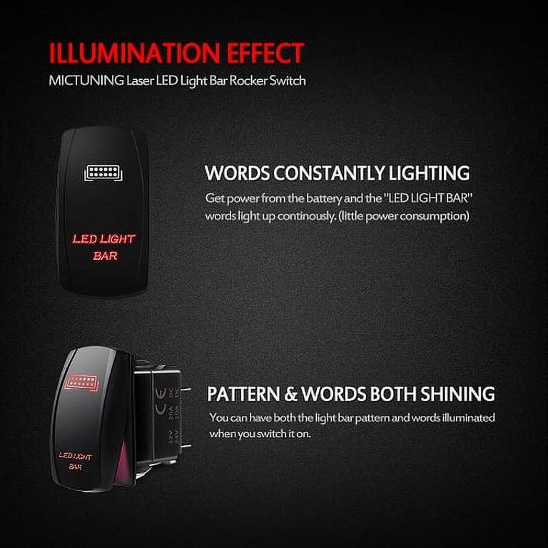 STARK Red Laser Etched LED Rocker Switch - 20A 12V ON/OFF, 5-Pin, Waterproof (IP66), Dual Light