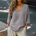thumbnail image 2 of Women's V Neck 3/4 Sleeve Linen Blouse Loose Fit Solid Color Summer Top, 2 of 7